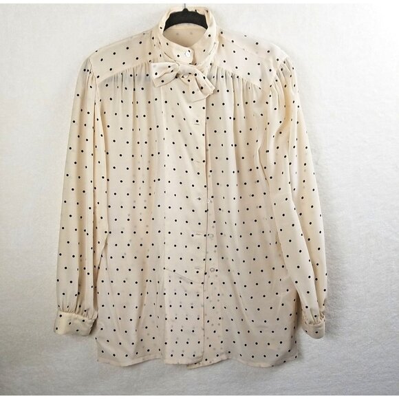 Escada cream black dotted silk dress blouse button closure womens 42 accent bow - Picture 1 of 16